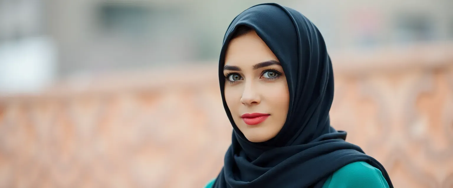 32-year-old Iranian woman with hazel eyes and black hair under a stylish hijab, elegant and poised.