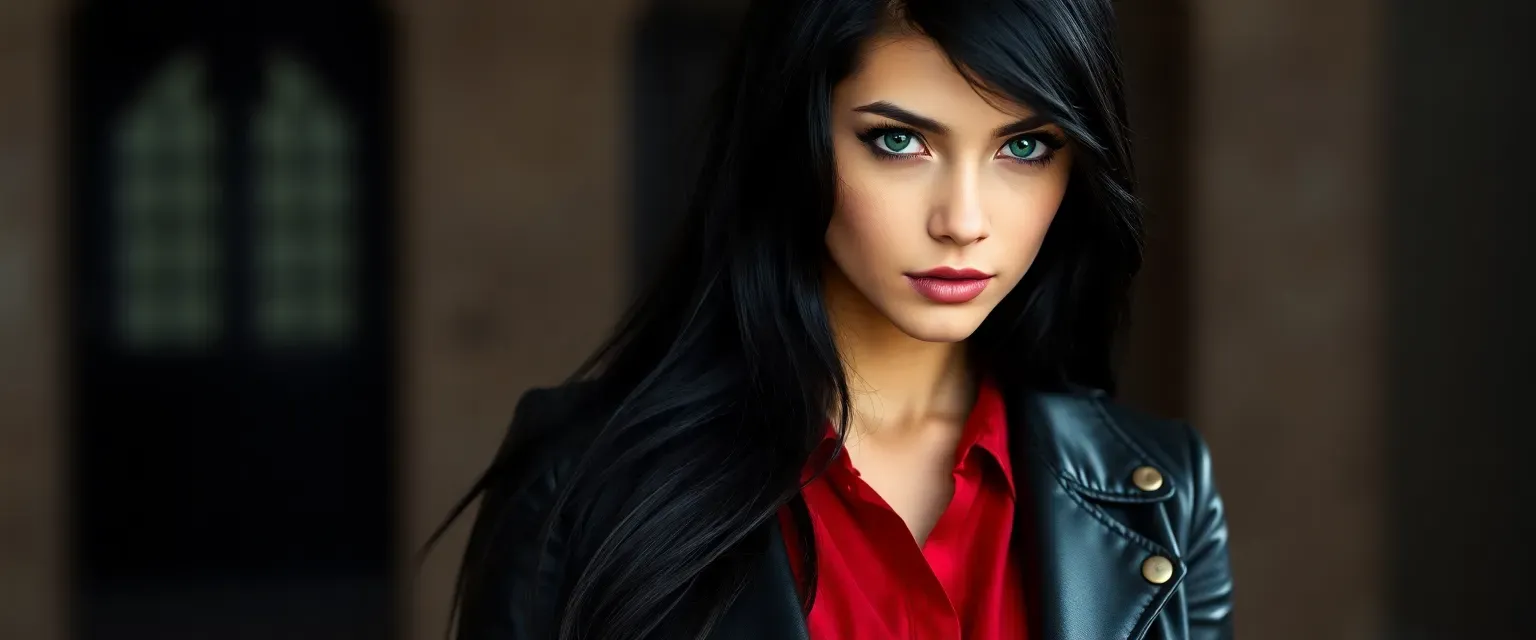 Young woman with long black hair, emerald eyes, wearing a black leather jacket and crimson blouse, exuding elegance and danger.