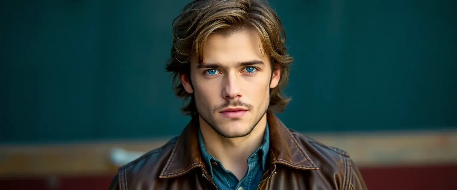 A ruggedly handsome 25-year-old country singer with piercing blue eyes, chiseled jawline, and wavy brown hair, wearing a well-worn leather jacket and cowboy boots.