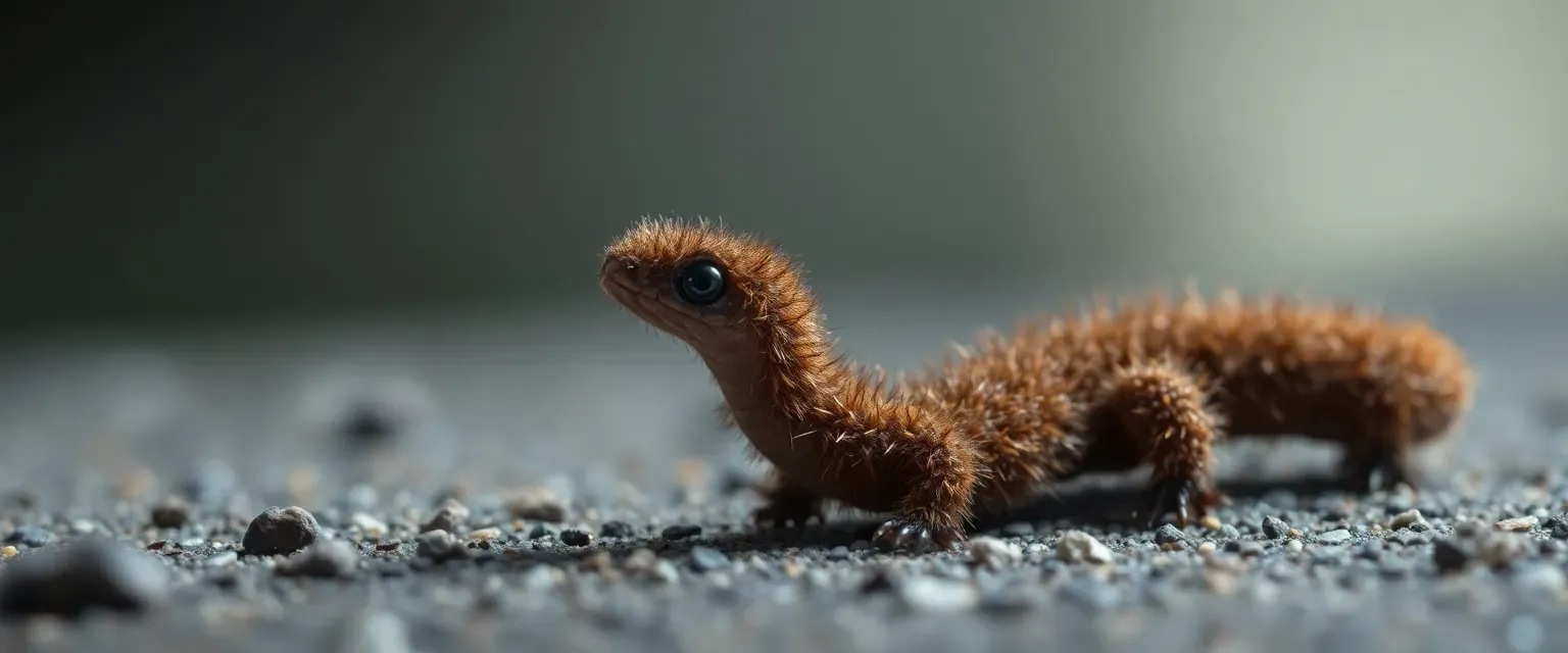 A microscopic brown fuzzy snake-like creature, 1 meter long with unusual texture resembling velvet or fur, possessing an otherworldly appearance due to its unique size-to-length ratio.