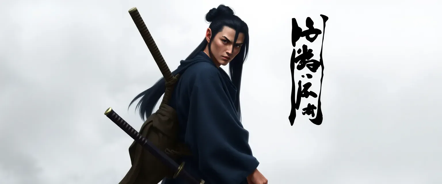 A tall half-elf samurai with long black hair tied in a topknot, wearing traditional dark blue hakama and haori, carrying two katanas. His elven features give him an otherworldly appearance.