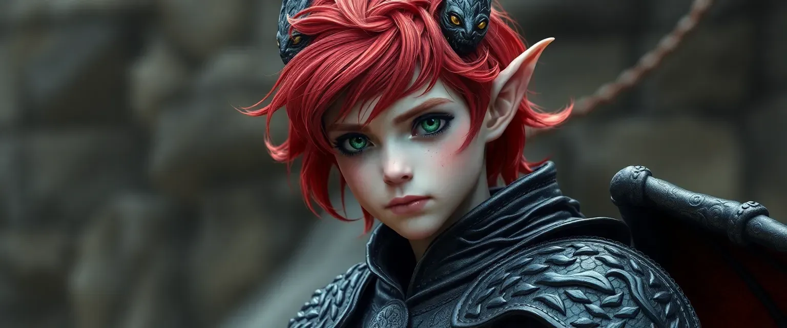 Young feylost changeling with red hair, green eyes, and black dragon scales, wearing leather armor with dragon motifs.