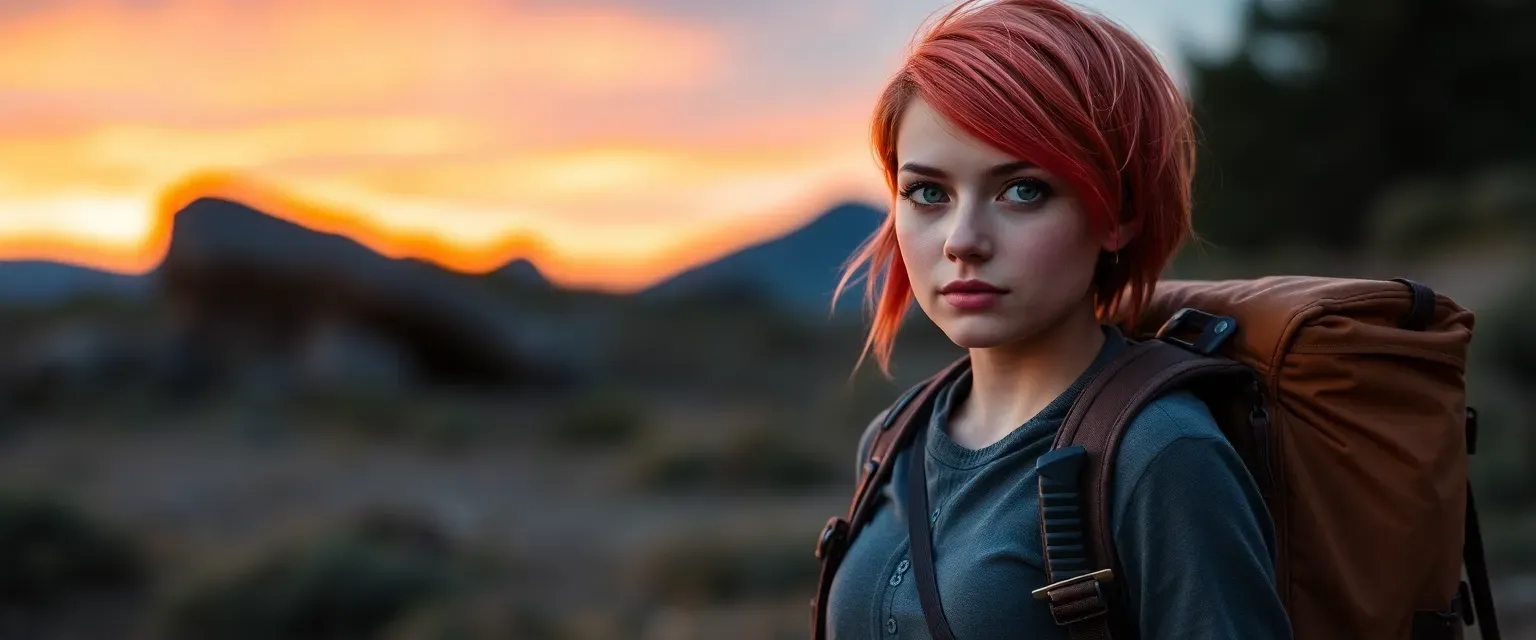 Short woman with sunset-colored hair and green eyes, wearing survival gear, carrying a backpack and a dagger on her belt.