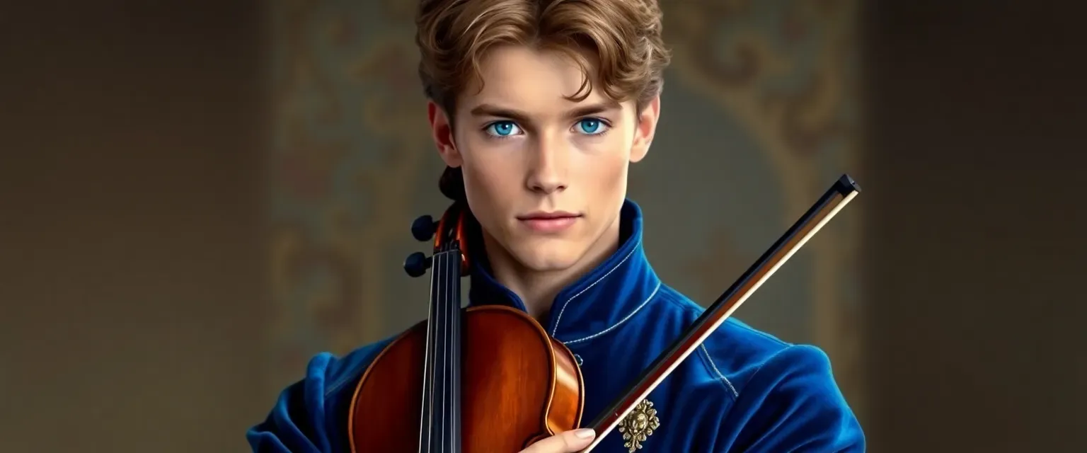 18-year-old prince with almond brown hair and piercing blue eyes, wearing a blue velvet doublet and breeches, holding a violin.