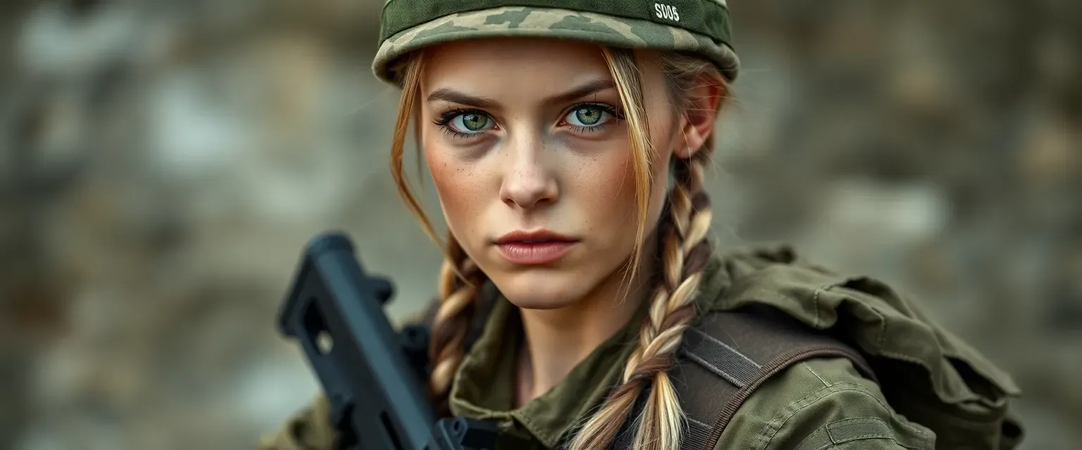 Female soldier in wrinkled military uniform, blonde hair with brown streaks in braid, green eyes, tan skin, holding rifle, facial cuts, determined expression, early 20s.