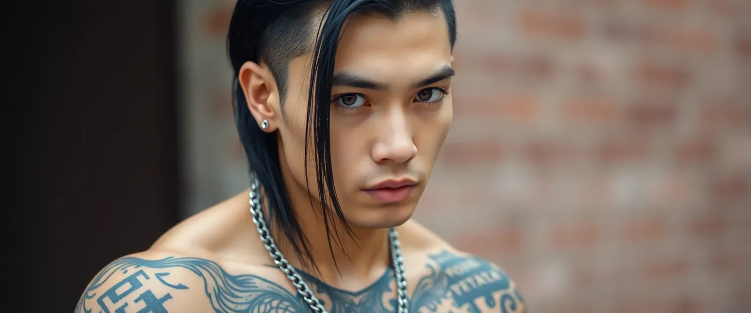 Athletic Asian man in his mid-20s with long black hair, striking brown eyes, multiple ear piercings, visible abs with intricate tattoos, wearing fashionable street wear.