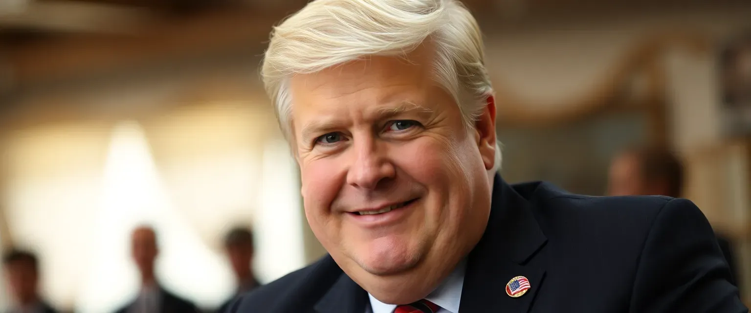 Stocky man in mid-50s with short blonde hair turning silver at temples; deep green eyes; wears dark suits with patriotic pins; warm smile; slight rural accent.