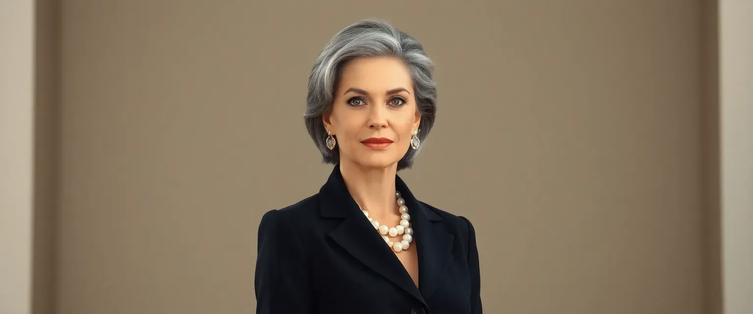 A tall, elegant woman in her mid-40s with striking silver-streaked black hair, wearing expensive business attire and carrying herself with regal confidence.