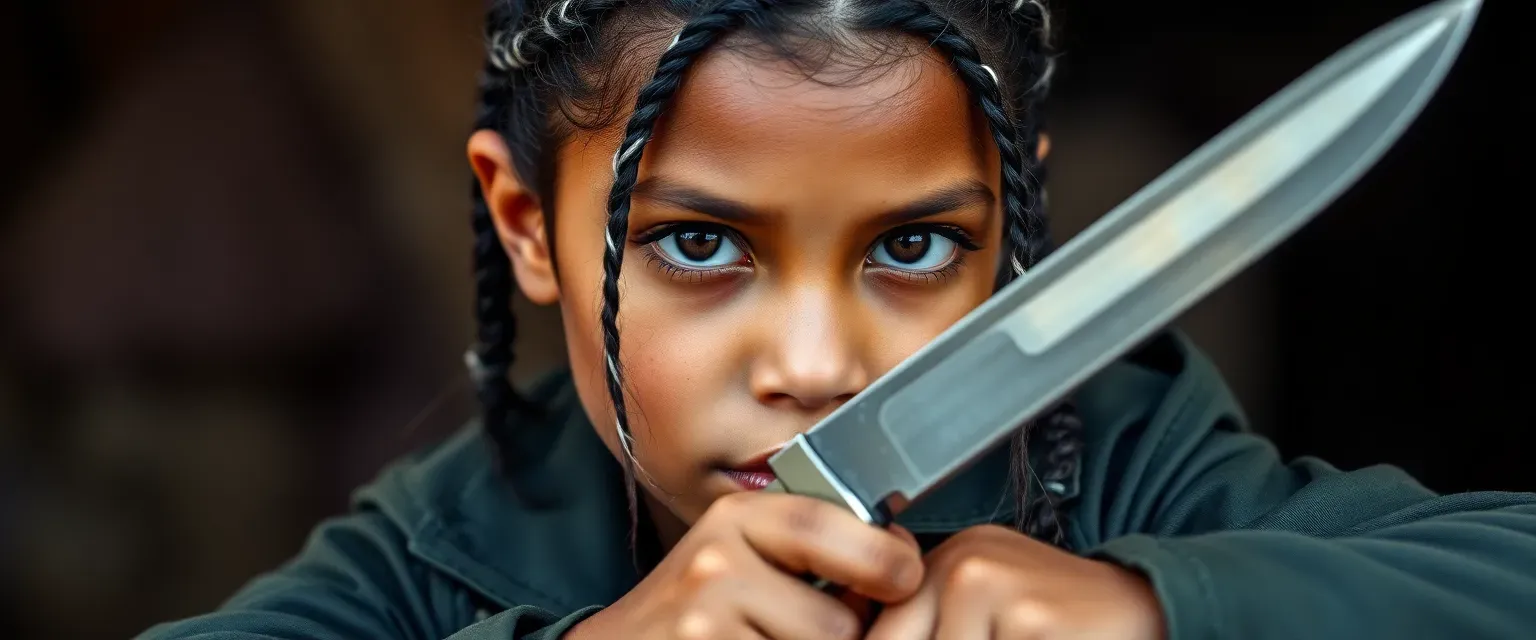 A petite 12-year-old girl with olive skin, dark braided hair with silver streaks, freckles, wearing oversized army-green clothing and leather jacket. Expert knife-thrower with battle scars and determined expression.