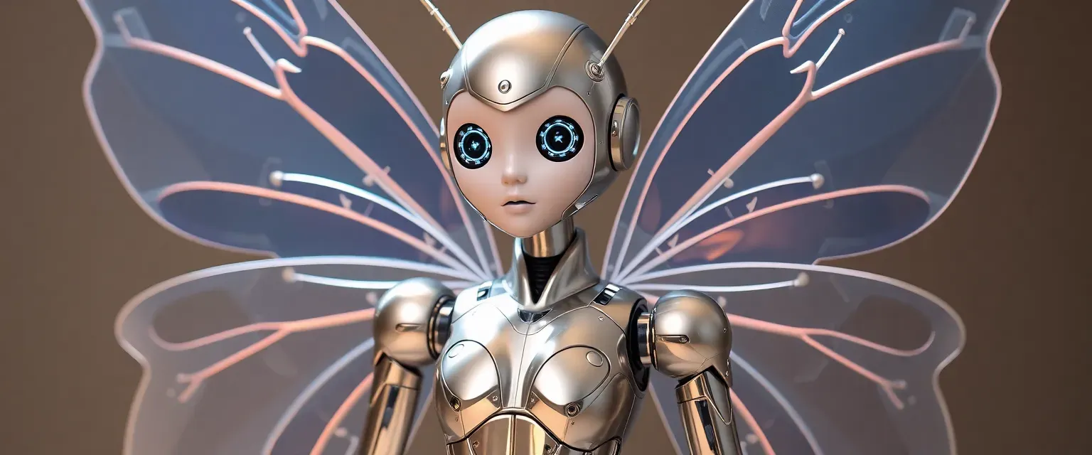 A delicate humanoid robot with translucent butterfly wings, chrome-plated body, and iridescent panels. Her face features large, expressive LED eyes and antenna-like sensors. Standing 5'6" tall with graceful, flowing movements.