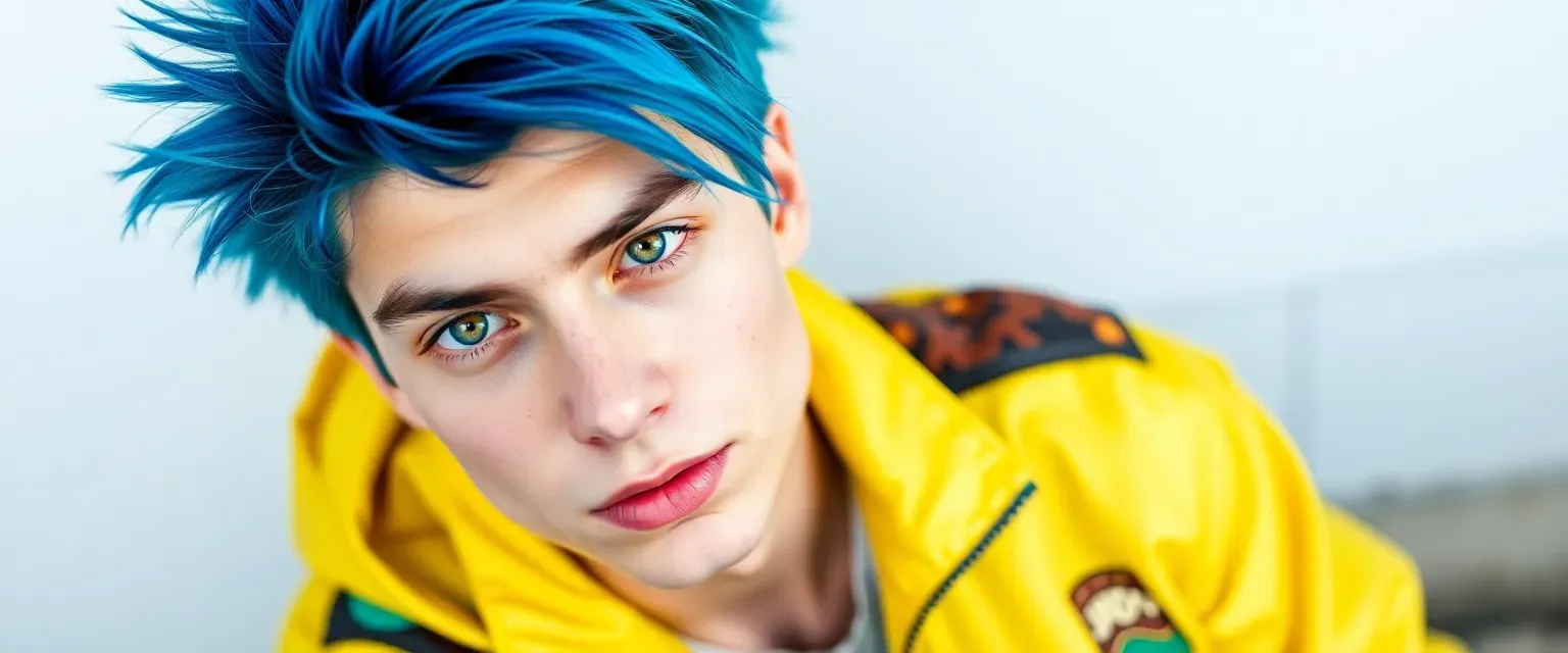 23-year-old with electric blue spiky hair, green eyes, wearing a colorful yellow jacket, green trousers, and mismatched sneakers.