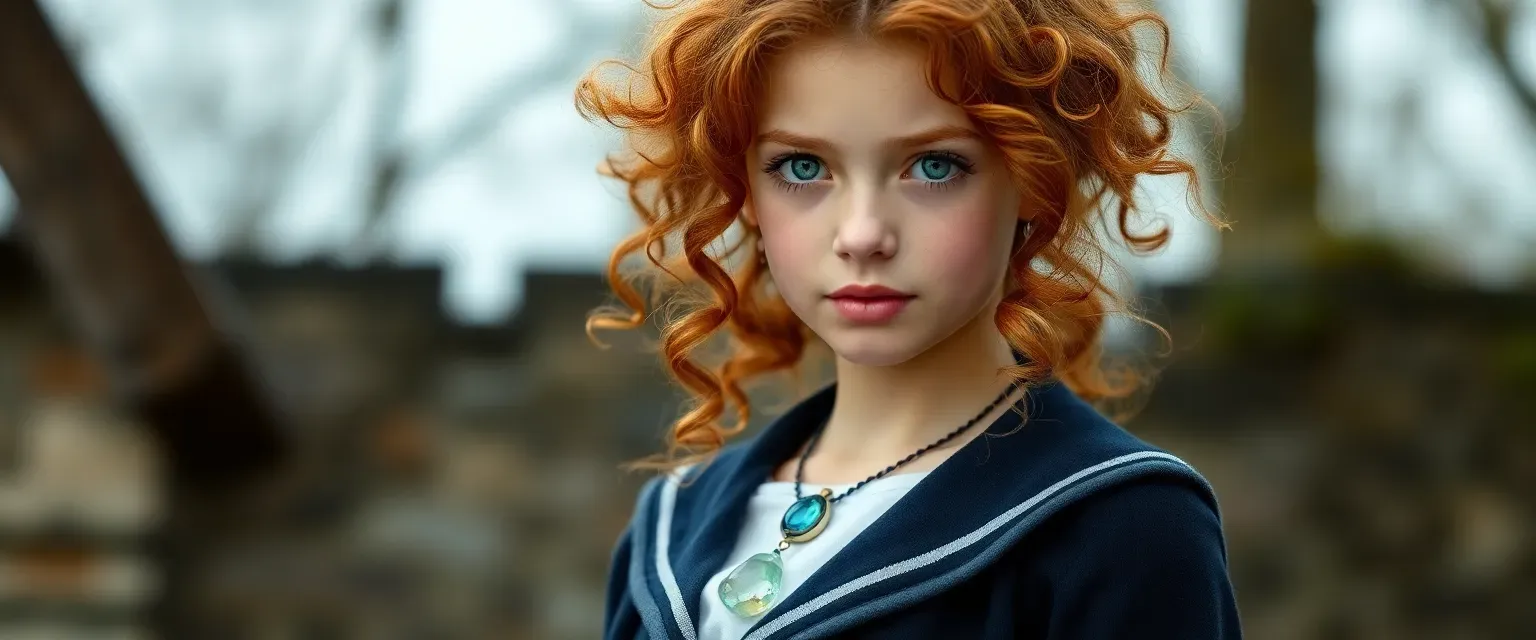 A petite 16-year-old girl with wild curly auburn hair, wearing a navy school uniform with a crystal pendant. Her emerald eyes sparkle with mischief as she practices witchcraft in secret.