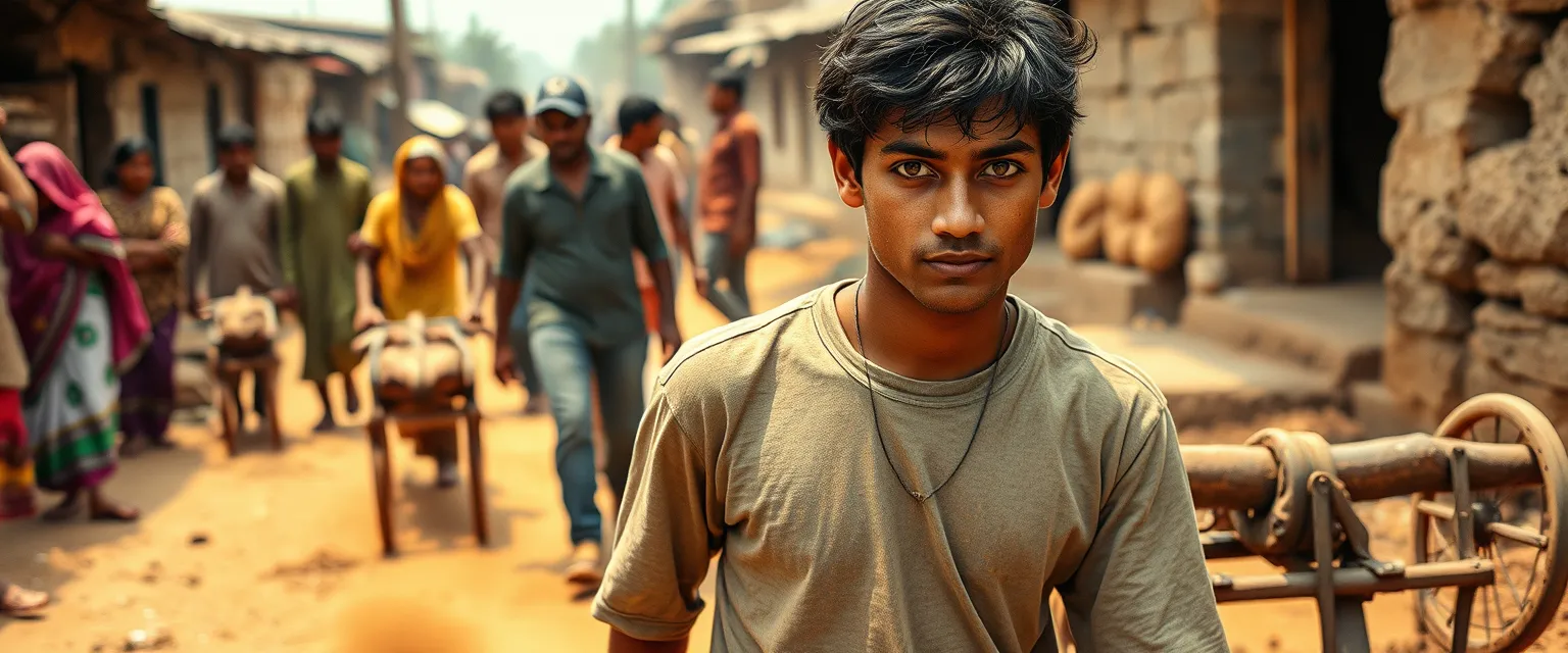 A young man with bright, copper-colored eyes walks through dusty streets in rural India, his worn-out sneakers leaving small clouds of dirt. The villagers watch him curiously, their calloused hands resting on worn wooden plows. His dark, tousled hair, slight smudge of soil on his cheek, and stained fingers show his deep connection to the land. He strides purposefully, examining parched fields, his eyes reflecting an intensity bordering on fervor as he envisions transforming the rural landscapes of India into self-sustaining ecosystems, bringing new life and prosperity to the land he loves.