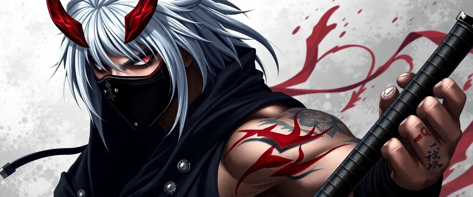 Black/white hair, crimson eyes, demon half-mask, muscular, tattooed, silk Shinobi uniform, samurai armor, katanas, kunais.