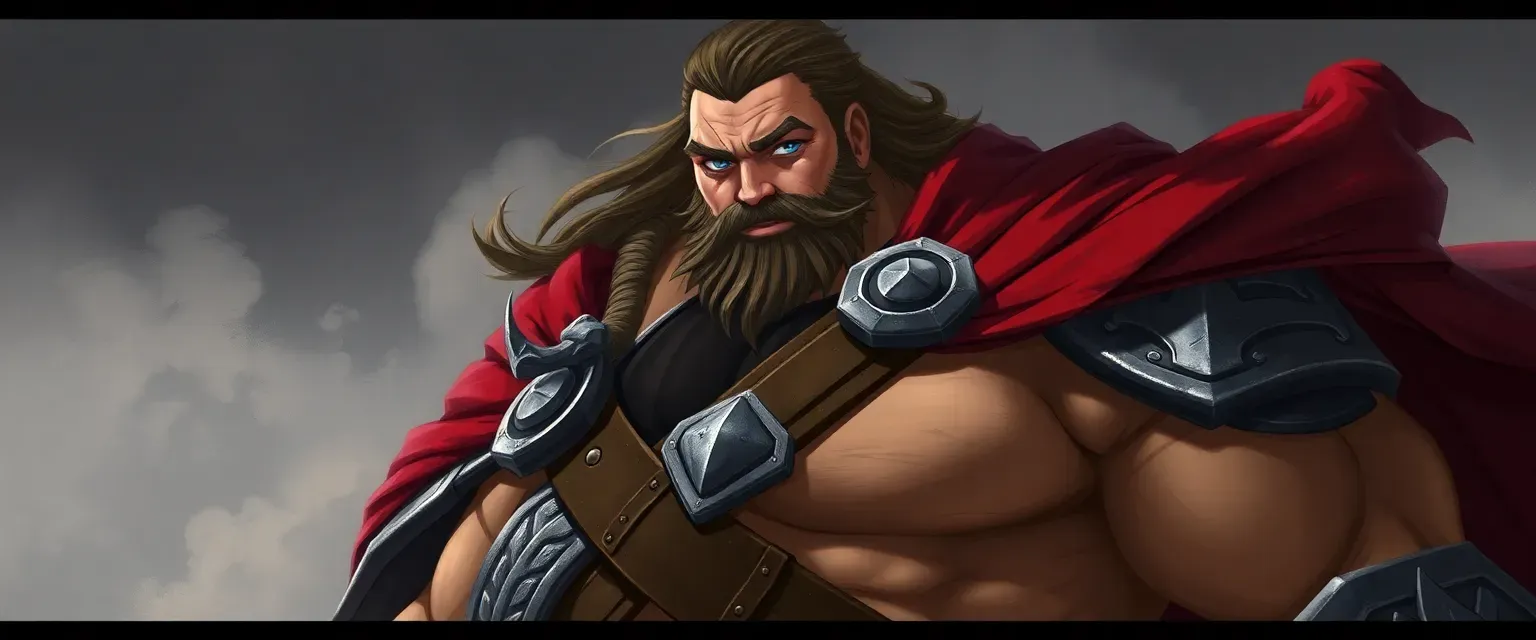 Kena Kild is a towering figure with rippling muscles, piercing blue eyes, and rugged features. He wears practical armor with a crimson cloak symbolizing fallen comrades.