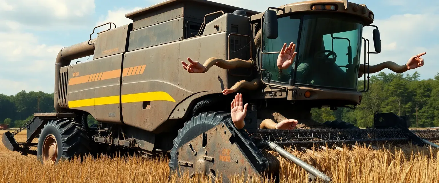 A massive combine harvester with human skin grafted onto its metal frame, possessing human eyes and hands sprouting from various points of its mechanical body.