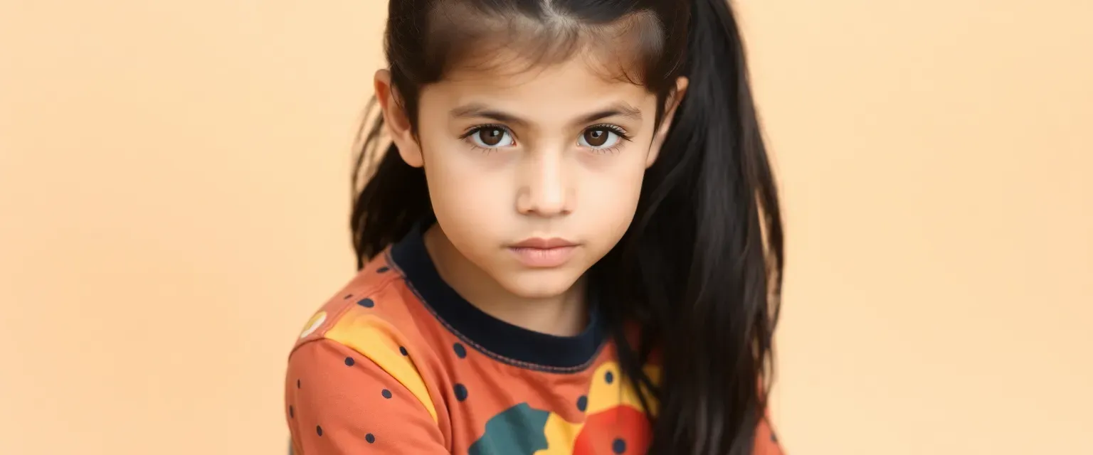 Eleven-year-old boy with long black hair in a ponytail, brown eyes, wearing jeans and a colorful t-shirt.