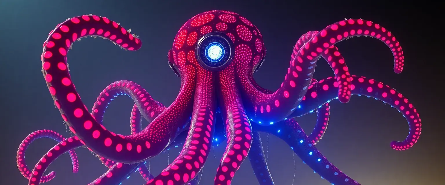 A 23.7-meter tall octopus-like creature with red and blue bioluminescent patterns, multiple tentacles, and crystalline eyes. Created in a Swedish laboratory, wearing traces of frost on its skin.