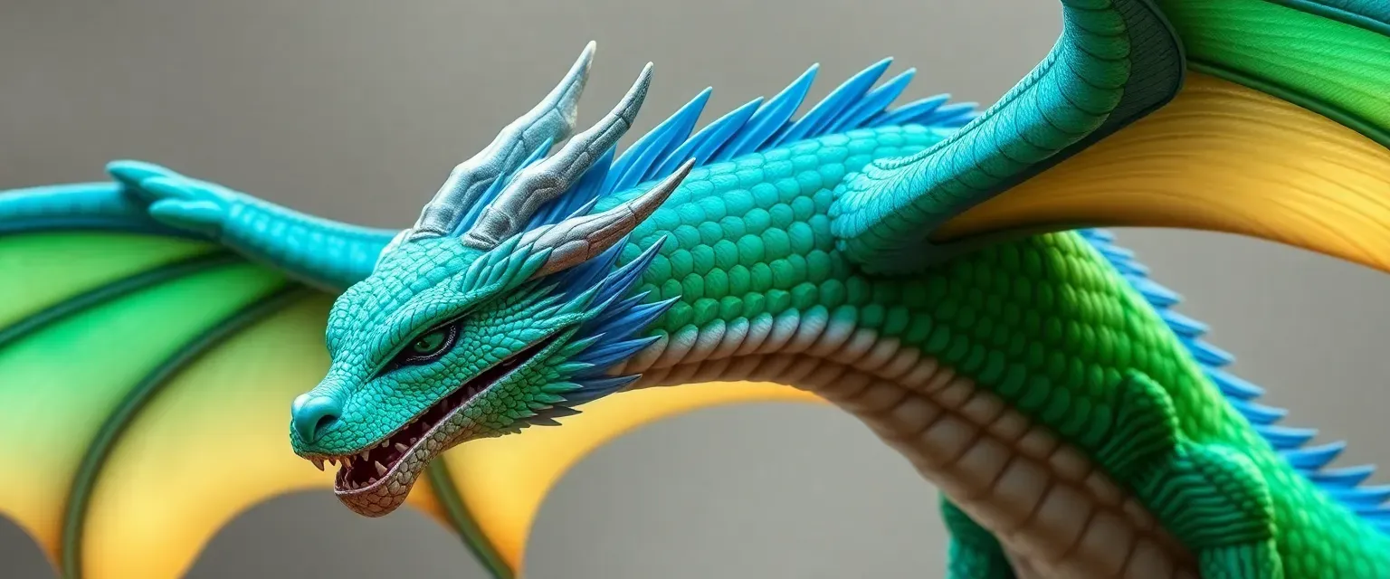 Majestic dragon with azure and emerald scales, wise eyes, and elemental control.