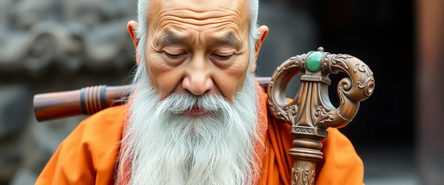 Elderly Chinese monk with long white beard, wearing faded orange robes. Carries ancient wooden staff with jade ornamentation. Serene expression, closed eyes, weathered face showing centuries of wisdom.