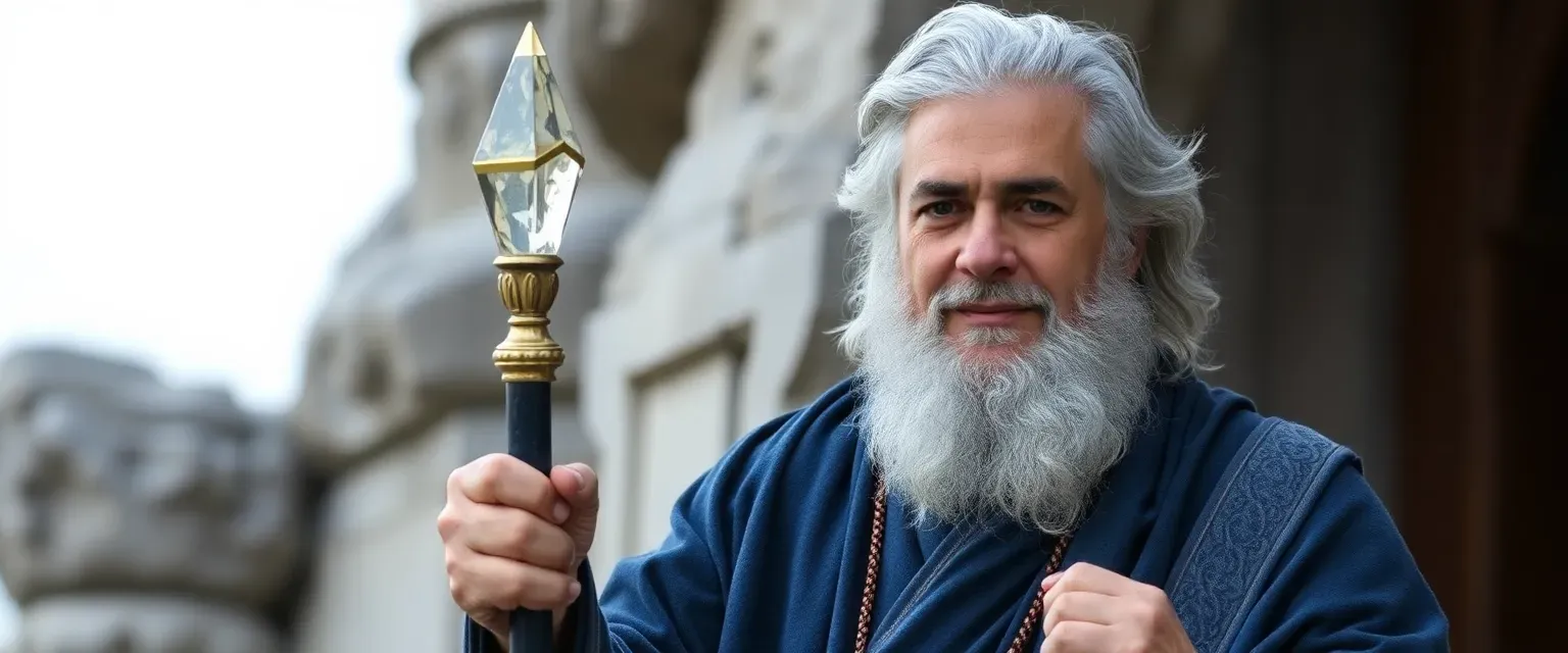 Mid-40s man with gray-streaked hair, wearing deep blue and silver sage robes, holding a crystal-topped staff.