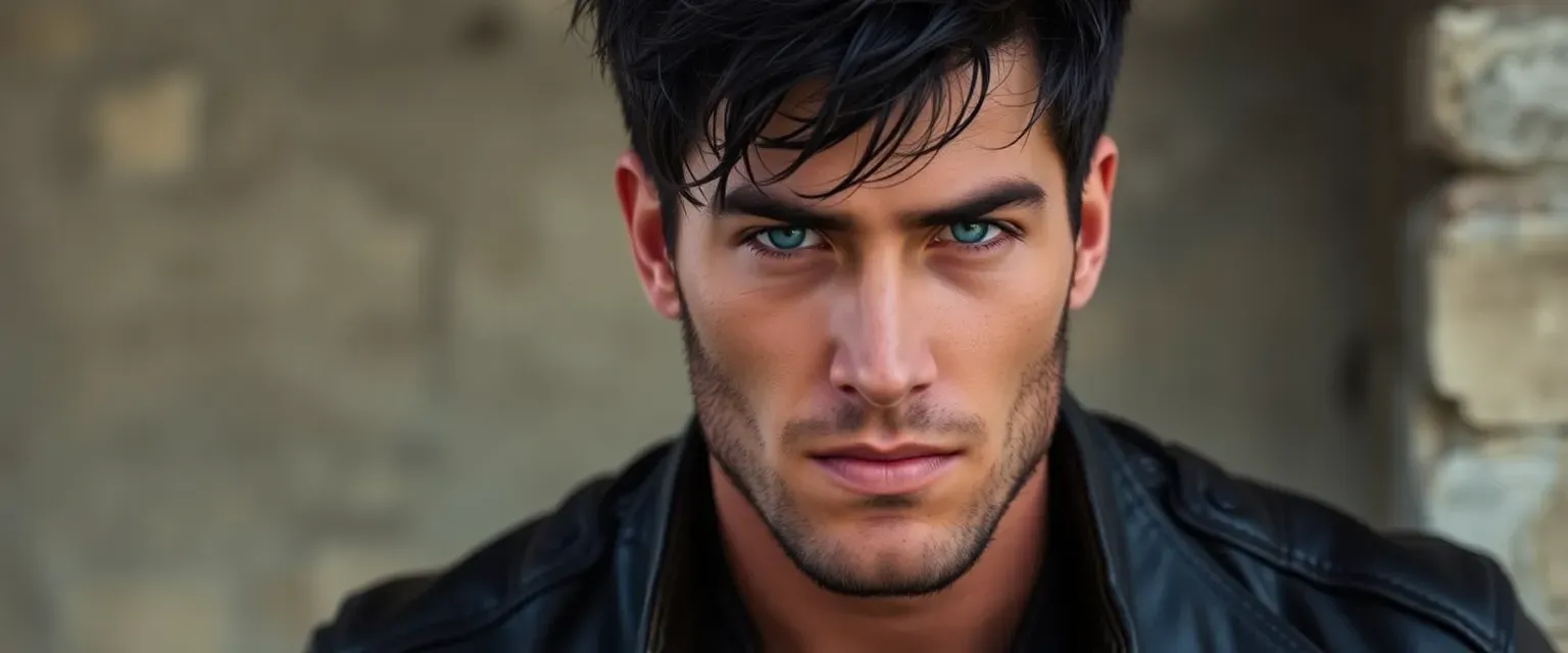 28-year-old man with unruly black hair, cerulean eyes, copper skin, strong jawline, wearing dark, rugged leathers.