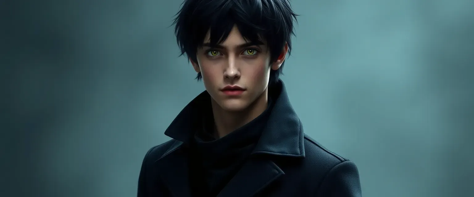 15-year-old Elliot Swan, tall with black messy hair and golden eyes, dressed in dark, fitted assassin's attire.