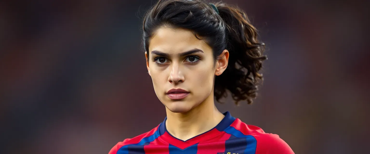 Young Spanish woman with dark brown curls, athletic build, wearing a red and blue soccer jersey, determined expression with a scar above left eyebrow.