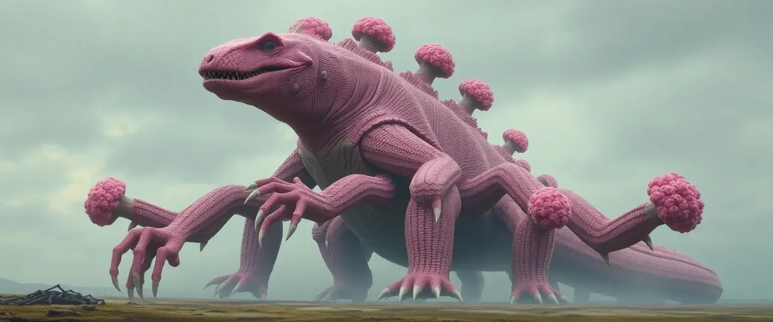 A colossal 475-meter tall lizard-like creature with pink fur, 50 arms, 10 legs, and distinctive broccoli-shaped hair growths. Massive, intimidating, with building-destroying capabilities.