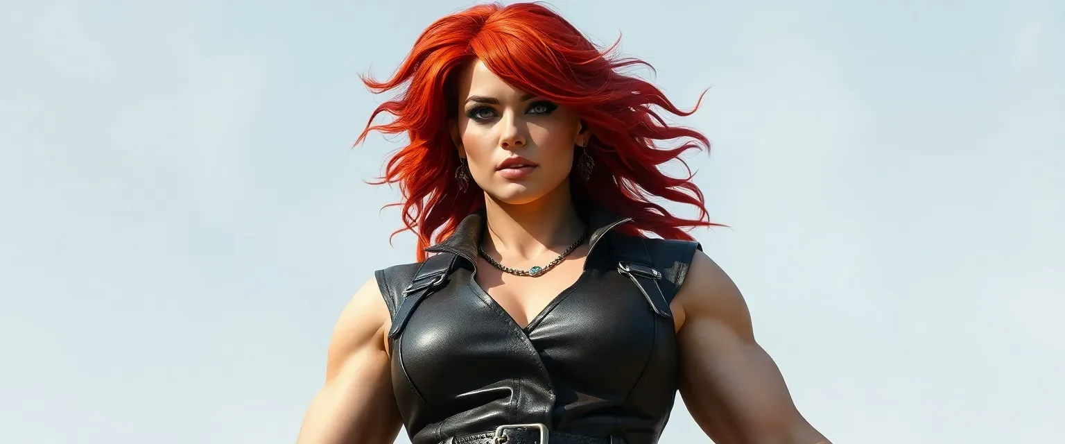 A towering woman with fiery red hair and colossal muscles wearing practical leather attire.