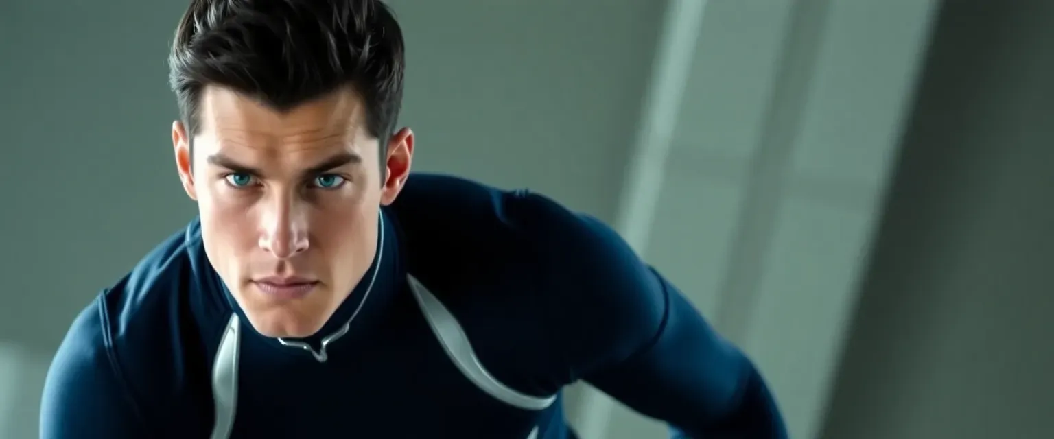 A tall, athletic man in his late 20s with jet-black hair and piercing blue eyes, wearing a sleek navy-blue uniform with silver trim. His movements are unnaturally quick and fluid.