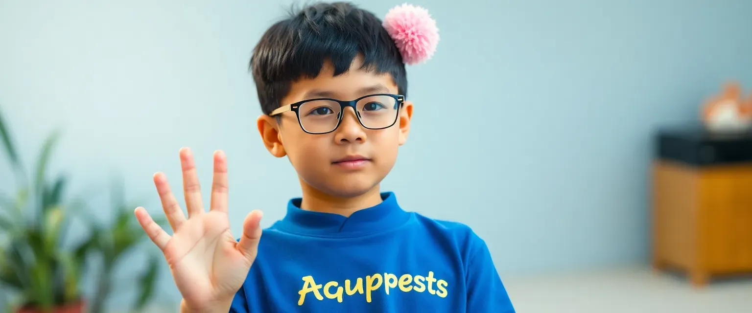 Eleven-year-old Chinese-Sudanese boy with glasses wearing an Aquapets logo shirt and pink fluffy Puku ears headband; born mute using sign language aided by thought-to-speech device.