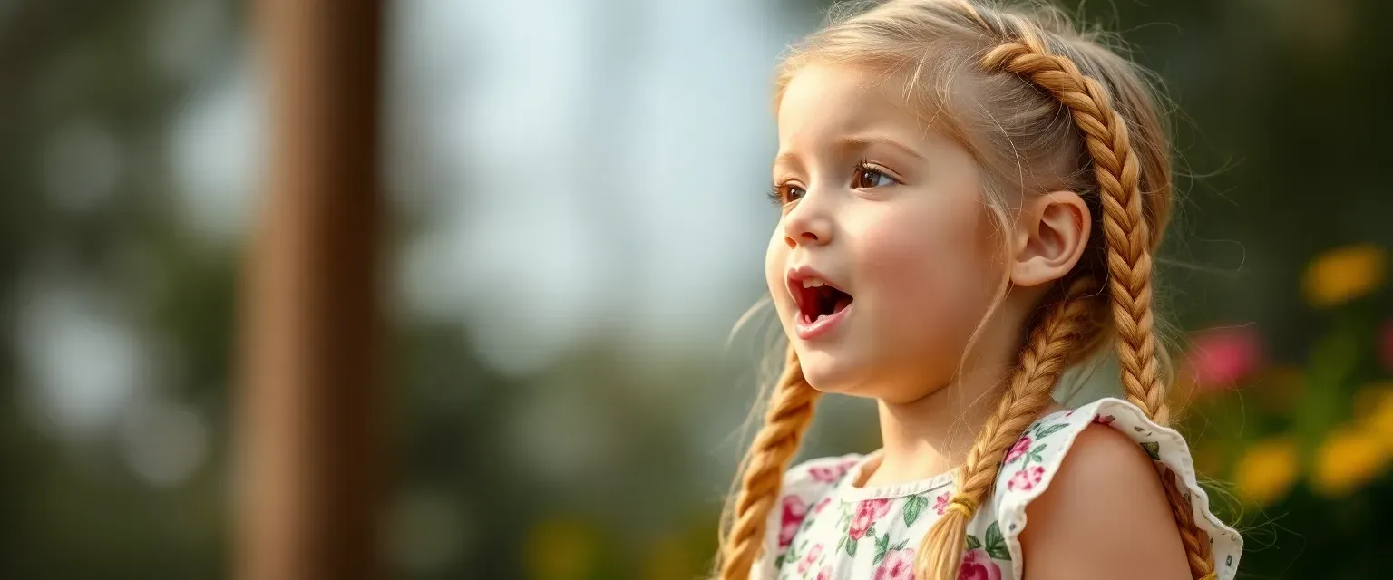 A 9-year-old girl with golden braids and freckles, wearing a floral dress, singing with passion.