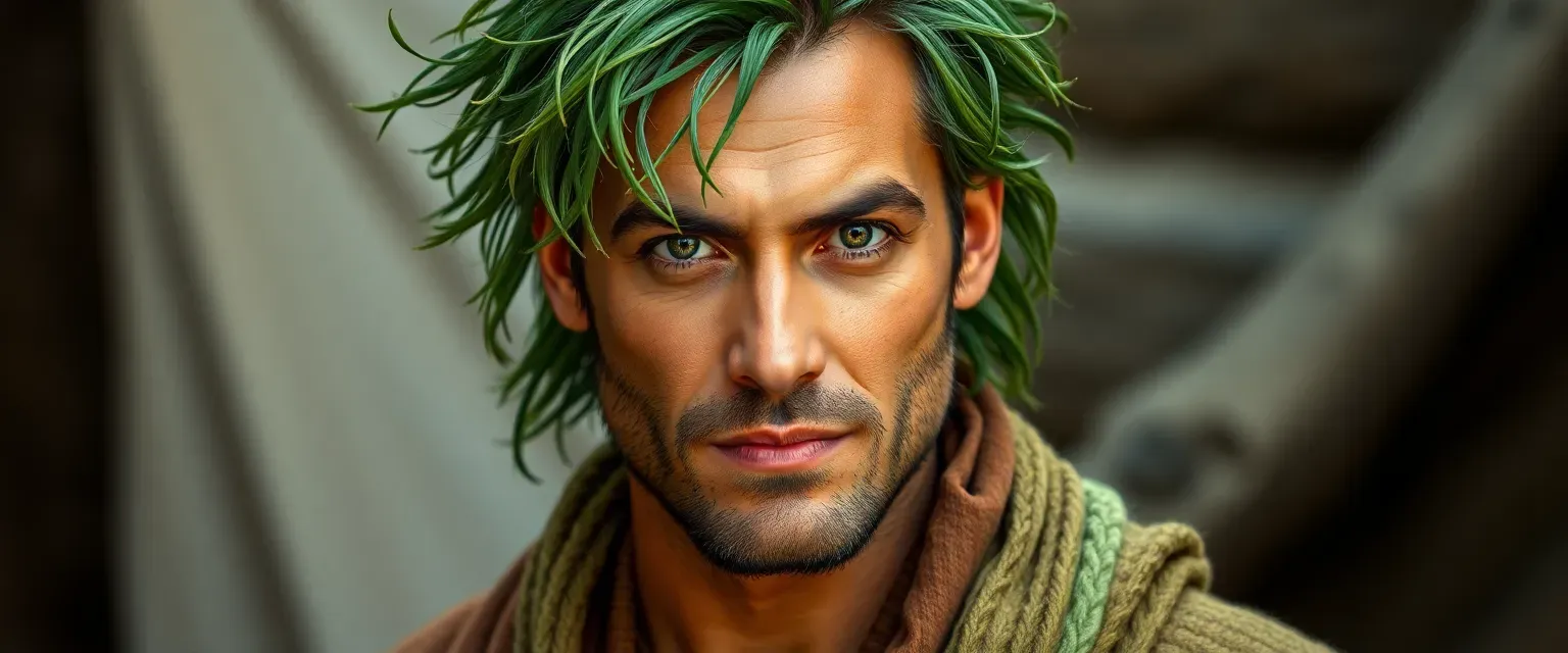 A 32-year-old man with tanned skin, wild green hair, and deep brown eyes, wearing a robe of green and brown fibers.