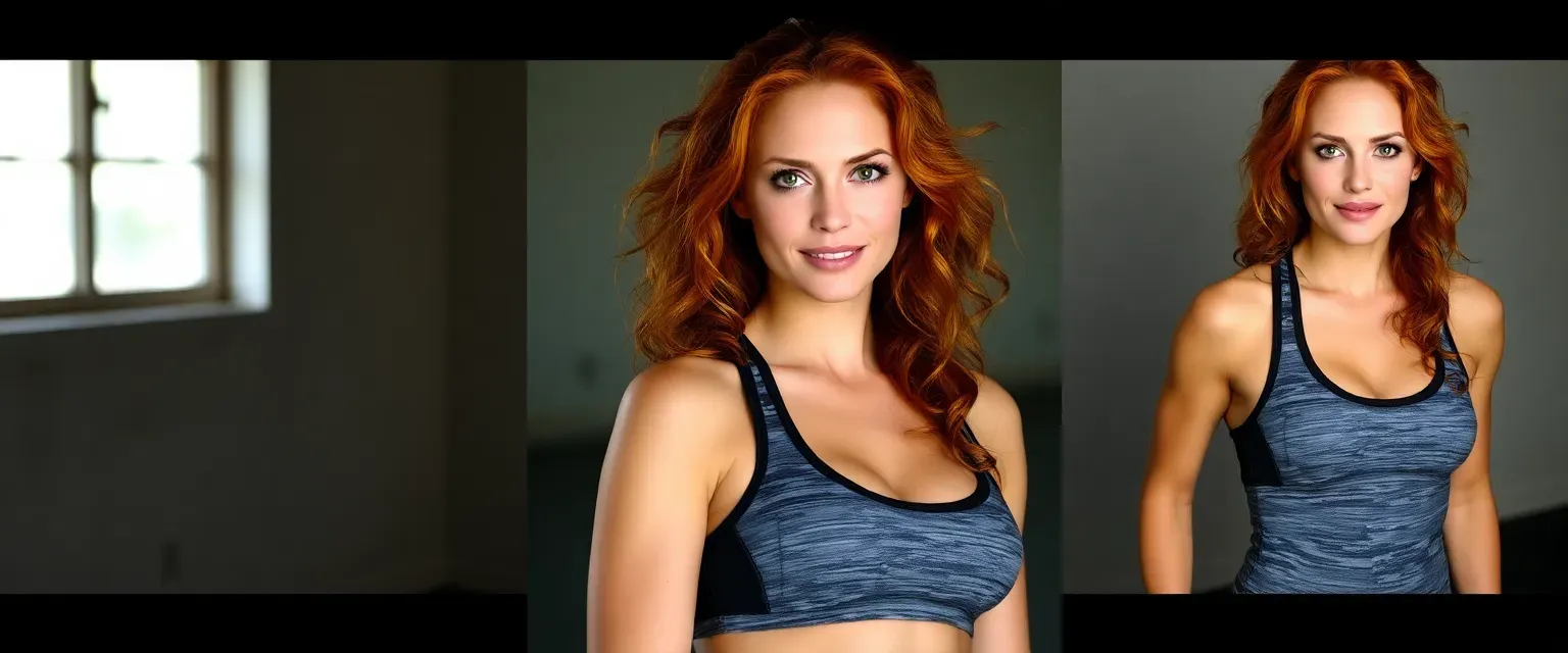 Kelly Wild is a tall, muscular woman with fiery red curls and striking green eyes. She wears practical athletic clothing that showcases her toned physique.