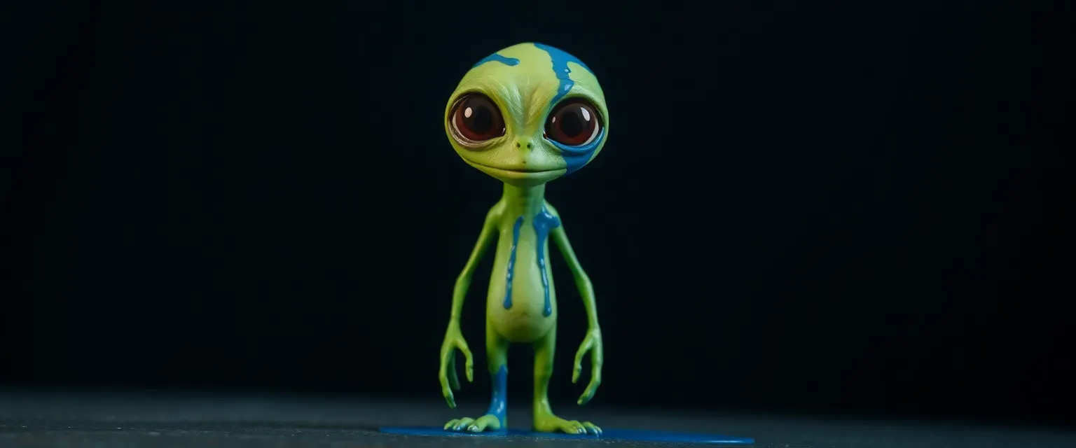 A tall, lanky humanoid creature with elongated green body, widely spaced eyes, and mysterious blue paint constantly dripping from its form, standing exactly 12.6 cm tall.