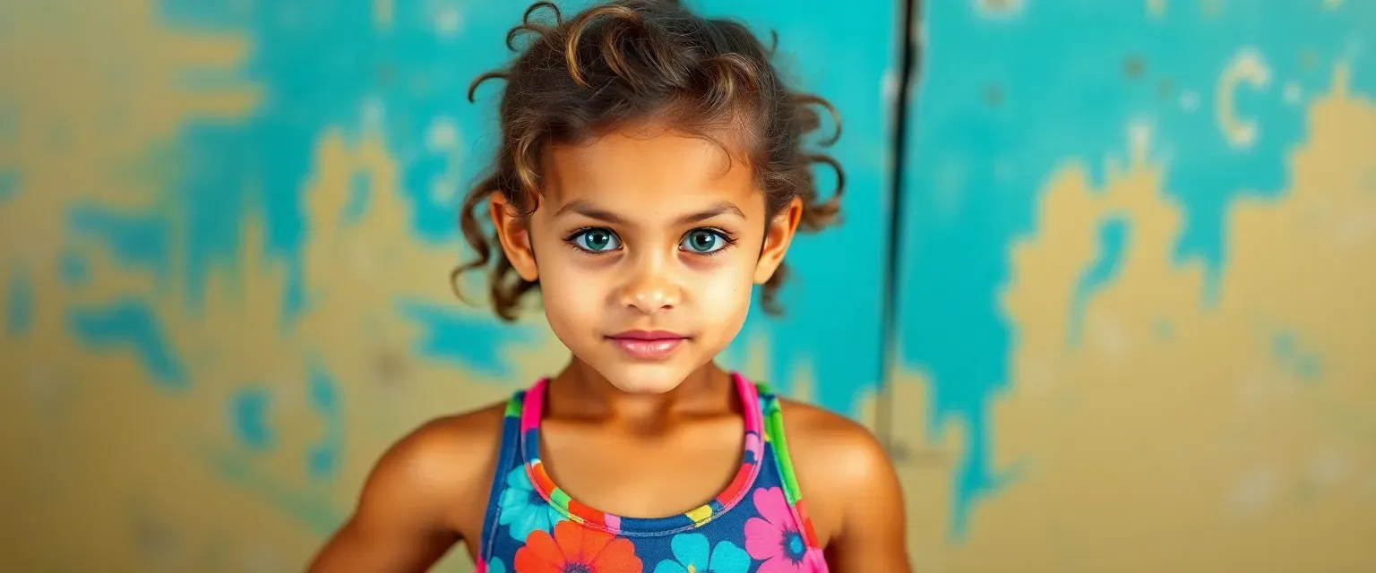 A muscular nine-year-old girl with emerald green eyes and chestnut curls, often wearing vibrant tank tops and shorts.