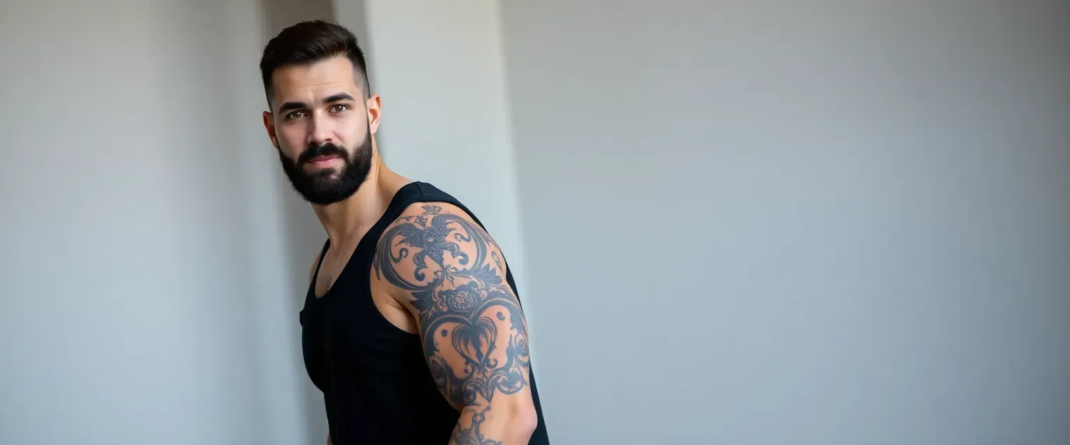 Muscular man in his early 30s with full sleeve tattoos, short black beard, wearing a black tank top and shorts. Athletic build with defined muscles and an expensive watch.