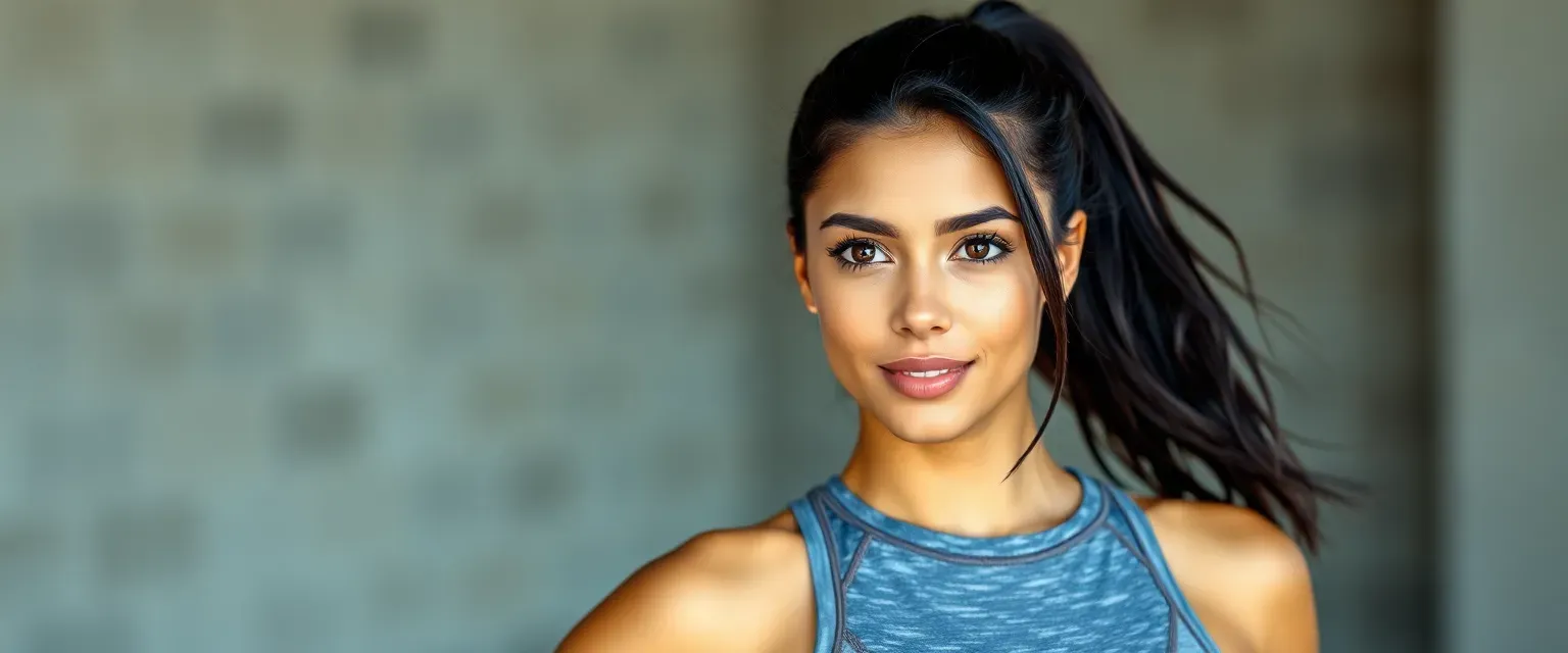 Athletic young woman with dark hair in a ponytail, warm olive skin, and sparkling brown eyes, dressed in stylish athletic wear.