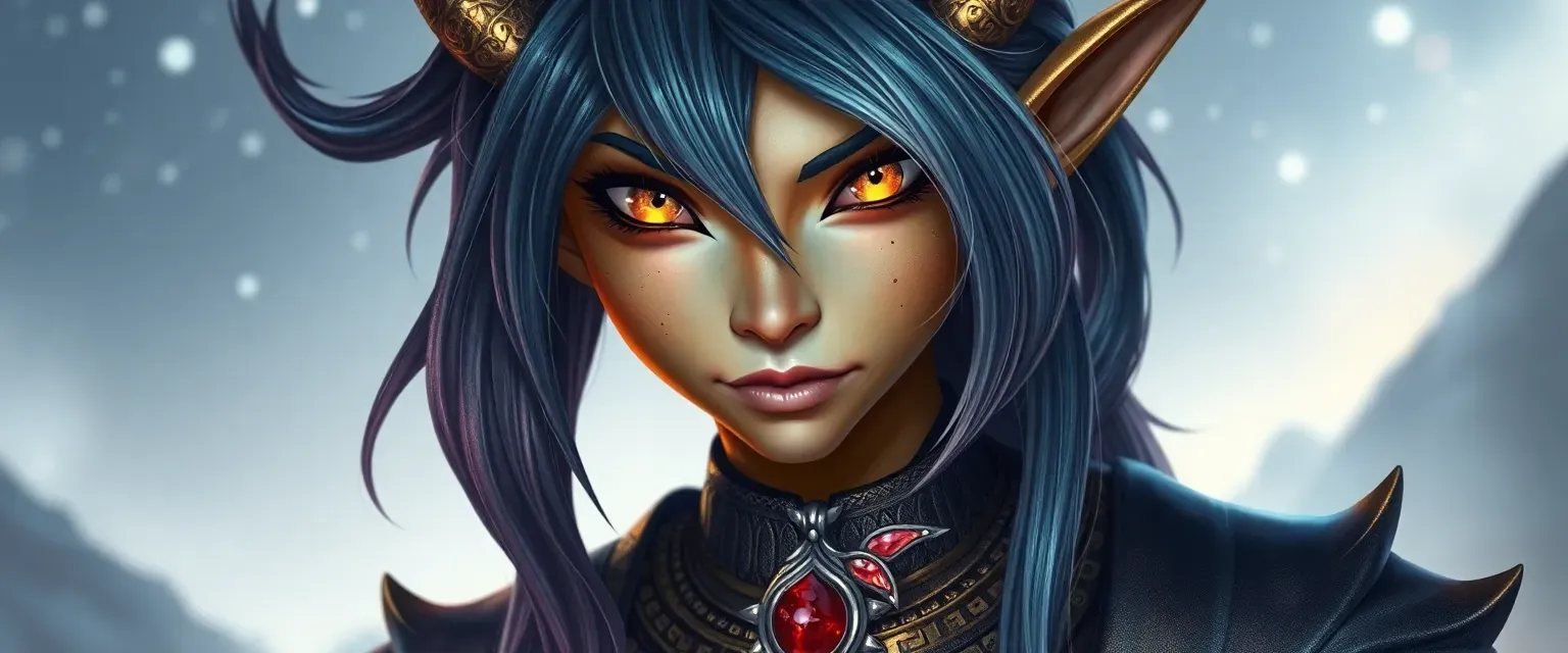 Dragon-elf hybrid, galaxy eyes, night sky ombre hair, gold skin with silver symbols, medieval tunic, galaxy-themed armor, dragon necklace with glowing red liquid.