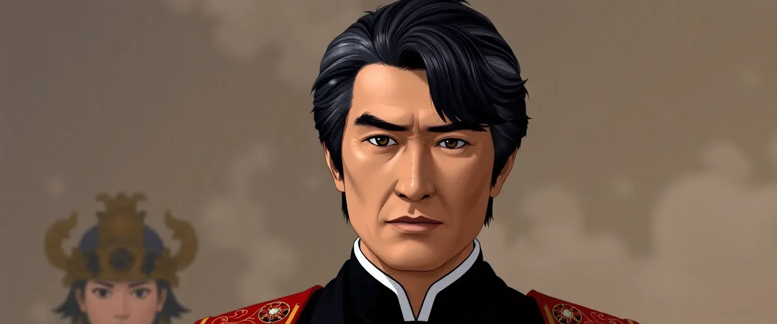 Emperor Kazuo: Late 40s, jet-black hair streaked with gray; intense almond-shaped dark brown eyes; wears traditional imperial robes for ceremonies & sleek modern suits for diplomacy.