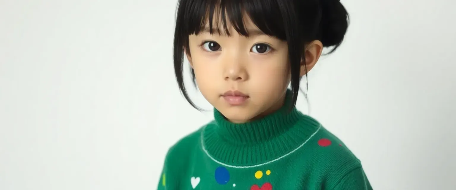 A 12-year-old Japanese boy with long black hair styled in a bun and bangs, wearing a green sweater adorned with paint stains.