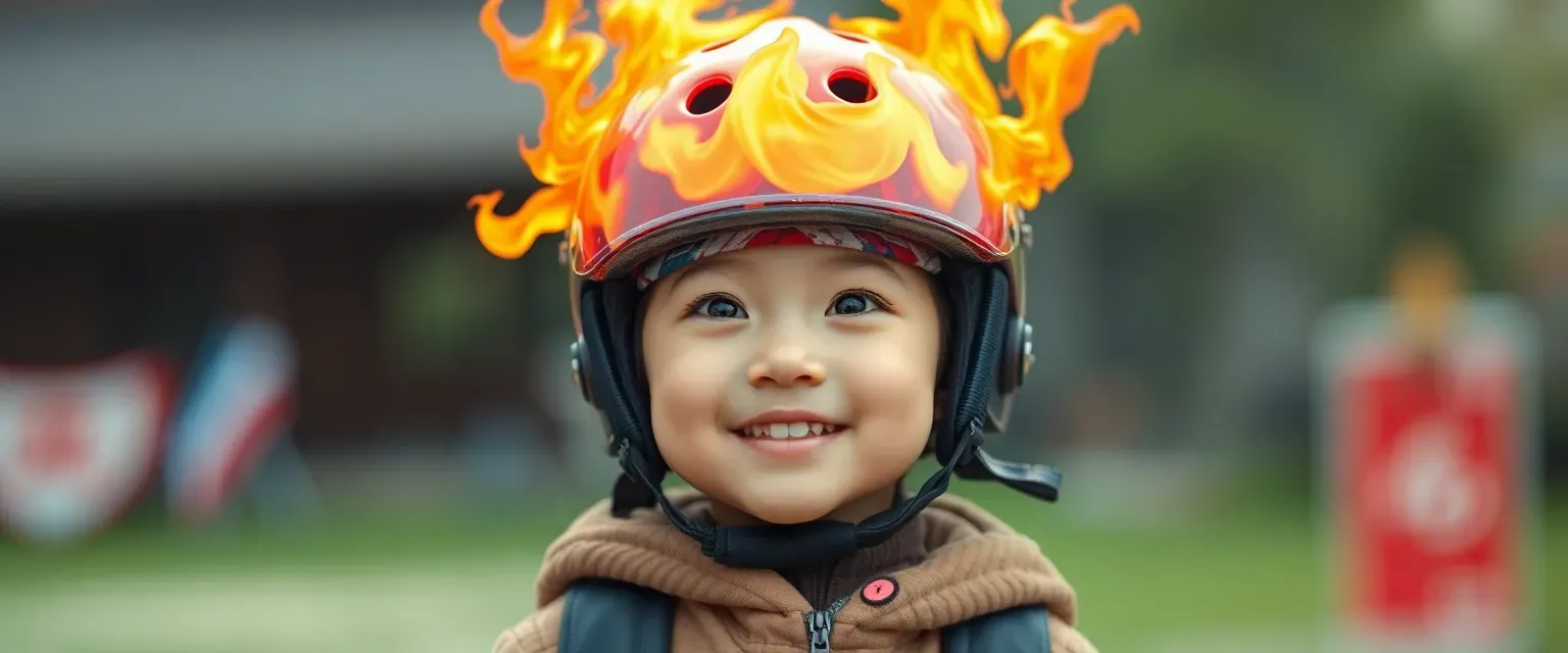 A spirited six-year-old girl named HuanHuan with pyrocephalia; wears a flame-controlling helmet called 'Helmy'. She loves cute things but dislikes skirts due to sensory issues.