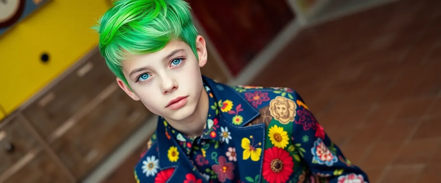 Young man with bright green hair, blue eyes, wearing a colorful patchwork jacket and flower-patterned trousers.