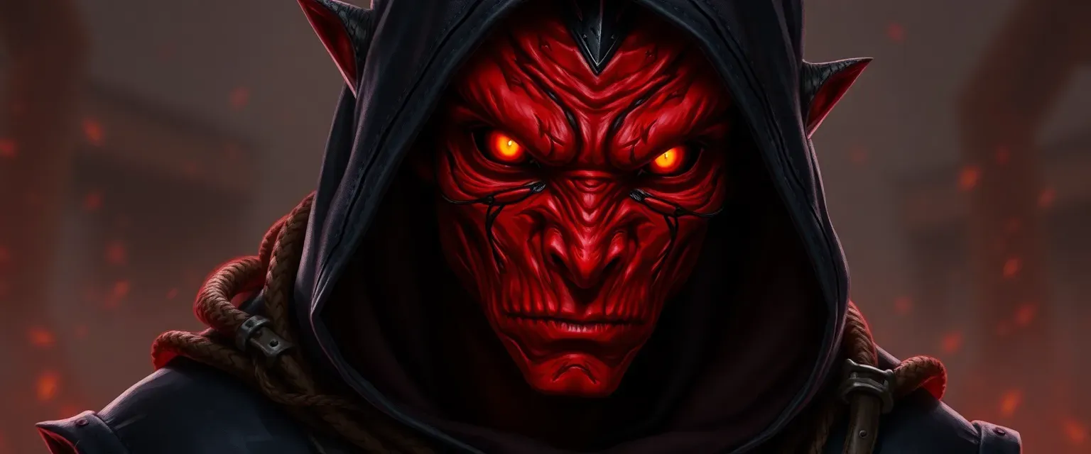 Crimson-skinned Tiefling with glowing ember eyes, dressed in dark leathers and a shadowy hood.