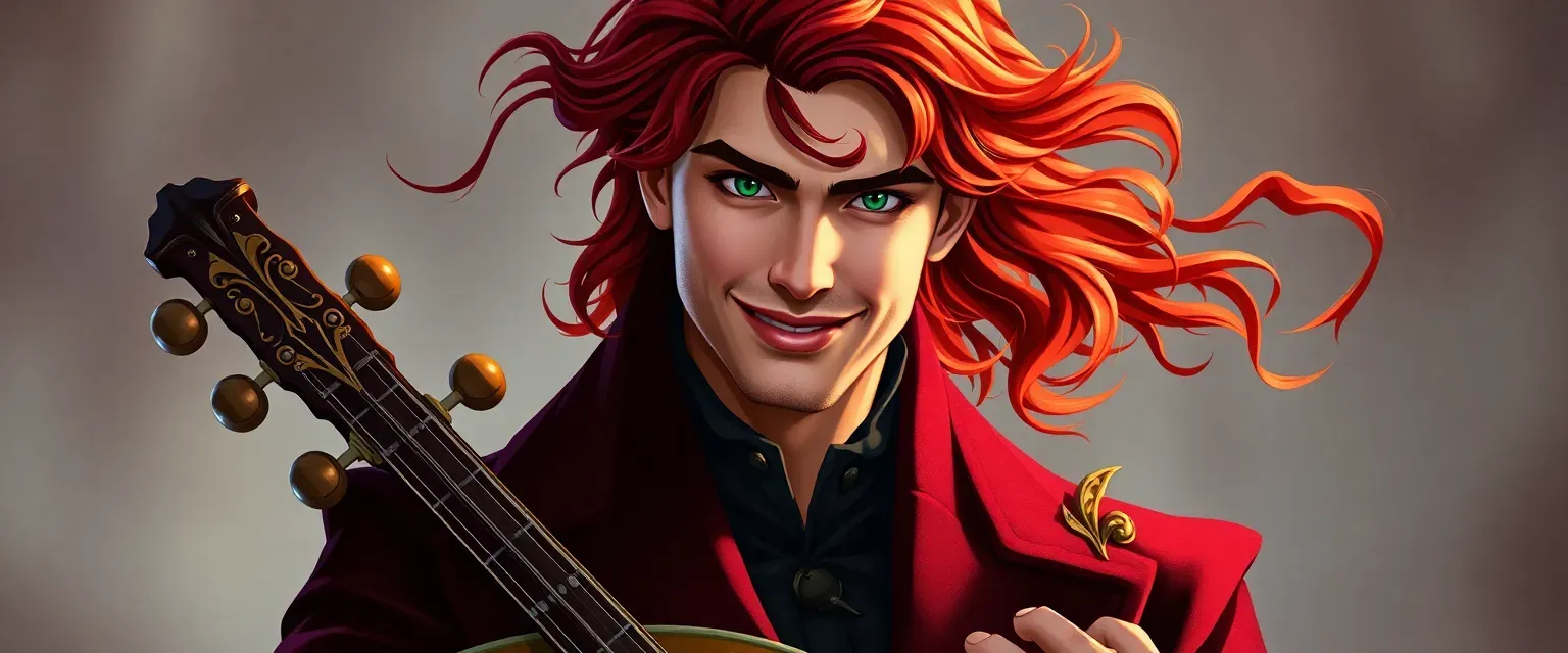 A charismatic male bard in his late twenties, with flowing auburn hair, emerald green eyes, and a velvet burgundy coat. He carries an ornate lute and wears a mischievous smile.