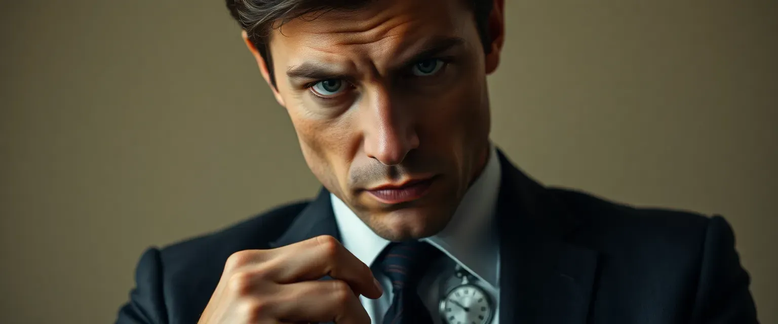 A lean, intense man in his early 30s with deep-set eyes and perpetual dark circles beneath them. Wears practical, well-worn business attire and constantly fidgets with a silver pocket watch.