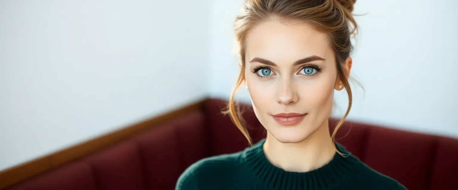 33-year-old woman with sun-kissed hair in a bun, blue-gray eyes, wearing a green sweater, embodying modern elegance.