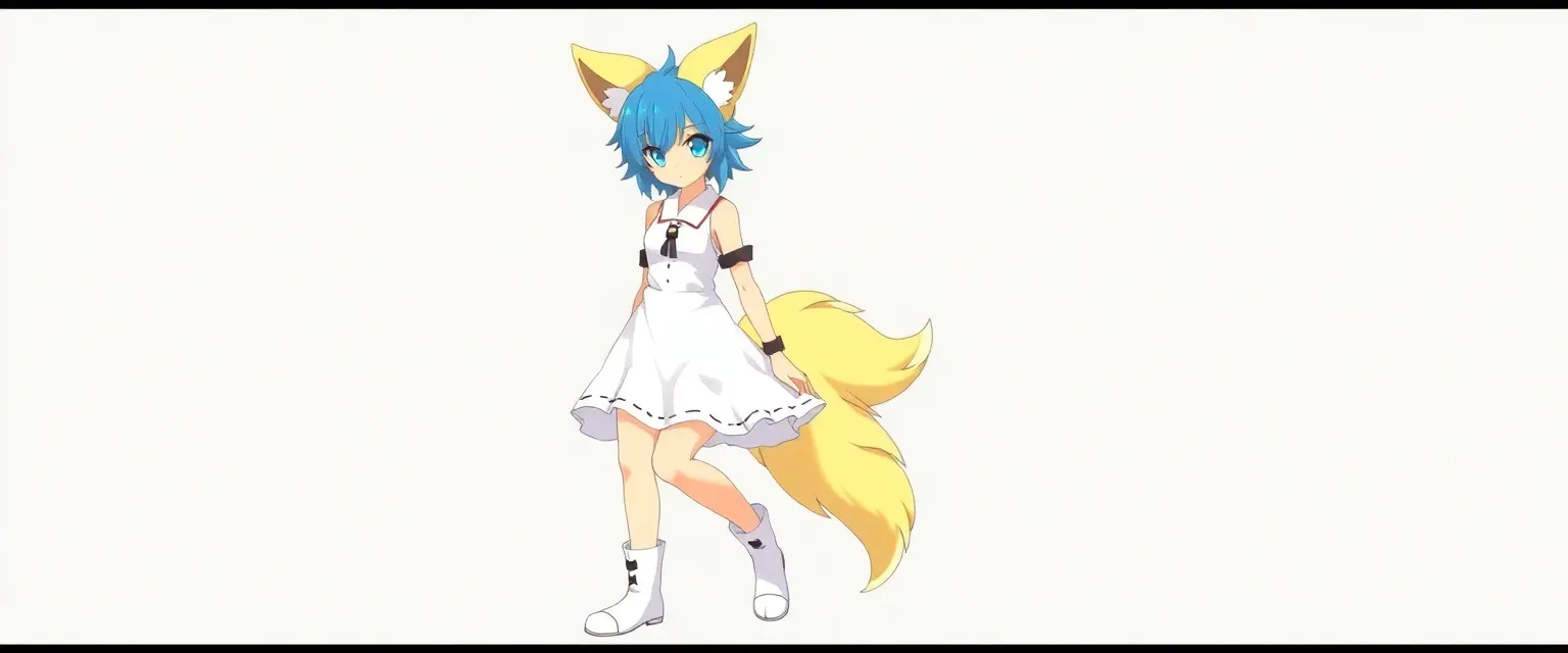 16-year-old female kitsune, yellow fur, blue hair and eyes, two tails, white dress, black shorts, white boots.