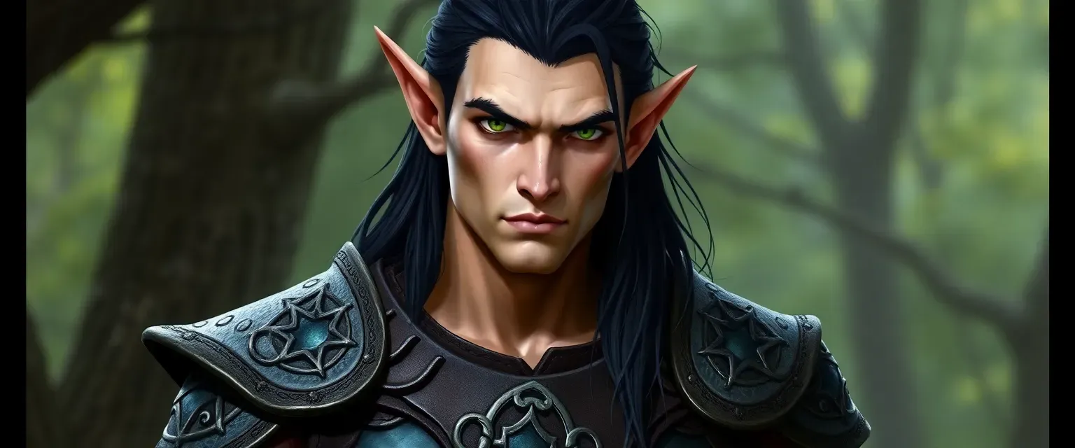 Tall, muscular elf with pale skin, dark hair, green eyes, wearing rune-adorned leather armor.